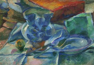 Stilleben av lertøy, bestikk og frukt, 1915