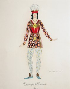 Kostyme til prinsen av Persia fra Turandot av Giacomo Puccini, skisse av Umberto Brunelleschi (1879-1949) for første forestilling av operaen på Teatro alla Scala i Milano, 25. april