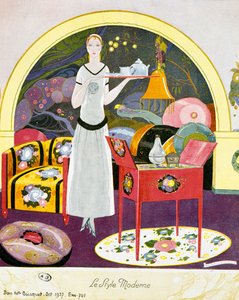 Scene i moderne stil, teatralske omgivelser, akvarell av Umberto Brunelleschi