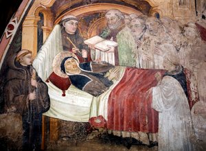 Døden til Saint Scolasticus (v. 480- v. 543), søster til Saint Benedict of Nursie Hun er omgitt av benediktinermunker. Freske av Umbria-skolen på 1400-tallet. Klosteret Saint Benedetto (Sacro Speco), Subiaco (Roma), Italia