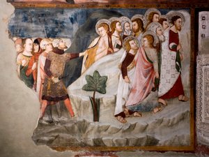 Flukten fra apostlene. Detalj. Freske av Umbria-skolen på 1400-tallet. Superior kirke. Klosteret Saint Benedetto (Sacro Speco), Subiaco (Roma), Italia