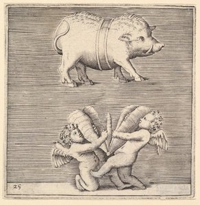 En beltet gris og to amoriner eller genier med en sommerfugl eller møll, utgitt ca. 1599-1622. av Unbekannt