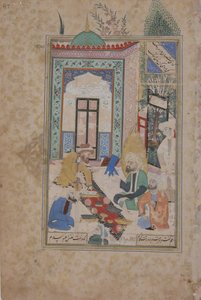En ildtilbeder mottatt ved styret til patriarken Abraham, Folio fra en Bustan..., 1600-tallet. av Unbekannt