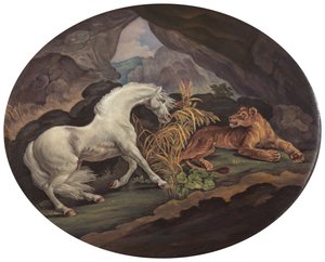 En hest som er skremt av en løvinne, ca. 1800. av Unbekannt