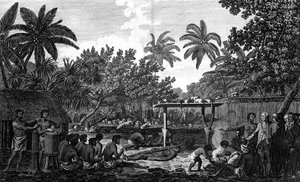 Et menneskeoffer i en Morai, i Otaheite, i nærvær av kaptein Cook, c1773 av Unbekannt