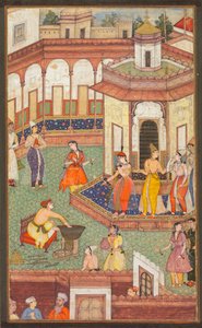 En mann dypper hånden i en gryte mens Ladies of the Harem står i forbløffelse..., ca. 1600. av Unbekannt