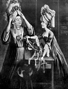 A Milliners Shop, fru Monopolise, slakterens kone, kjøper en moderne hodekjole, 1772 av Unbekannt