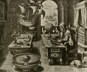 En navigasjonsekspert på jobb i hans studie med globe og kompass, c1591, 1928. av Unbekannt