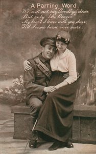 Et avskjedsord, romantisk postkort med en soldat og kjæresten hans av Unbekannt