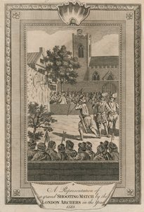 En representasjon av en storslått skytekamp av London Archers i år 1583. av Unbekannt