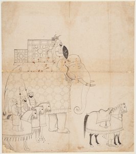 En tegning av Caparisoned Elephant and Horses, ca. 1760. av Unbekannt