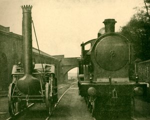 En fullstørrelsesmodell av Stephensons Rocket sammen med en motor fra George the Fifth-klassen, Londo av Unbekannt