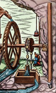 En gruve som tappes av en fille-og-kjede-pumpe drevet av et oversvømt vannhjul, 1556 av Unbekannt