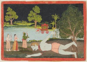 En side fra en Ramayana: Rama, Lakshman og Sita før en drept kjempe, ca. 1770. av Unbekannt