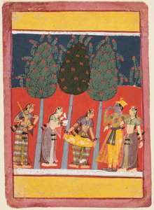 En side fra en Rasikapriya-serie: Krishna og Radha og Sakhiene med musikkinstrumenter, ca. 1650 av Unbekannt