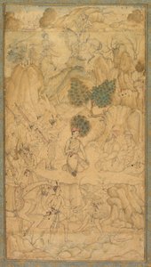 En prins på besøk til en hellig mann i et steinete landskap, ca. 1590. av Unbekannt