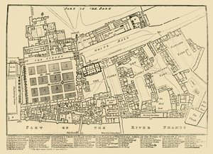 En redusert kopi av Fishers Ground Plan of the Royal Palace of Whitehall, 1680, 1881. av Unbekannt