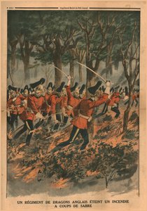 Et regiment av engelske drager slokker en brann med sabelslag, 1914. av Unbekannt