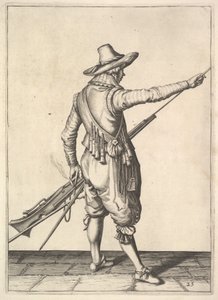 En soldat som trekker ut ramstangen fra holderen, fra Musketeers-serien, plate 25, i Wap.... av Unbekannt