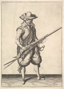 En soldat som rister pulveret fra toppen av pannen, fra Musketeers-serien, tallerken 19, i.... av Unbekannt