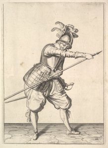 En soldat som skyver høyre hånd langs treningsgjedda, fra Lansquenets-serien, plate 2.... av Unbekannt