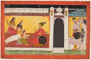 En kvinne besvimer foran en prins, en nattscene fra en Madhavanala Kamakandala-serie, ca. 1700. av Unbekannt