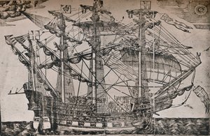 Et tresnitt av et skip som antas å være The Ark Royal, c1587 av Unbekannt