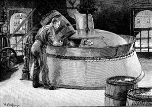 Tilsetning av humle til kokende øl i et amerikansk bryggeri, 1885 av Unbekannt