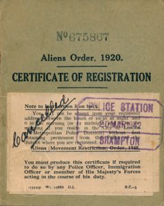 Aliens Order, Certificate of Registration, 1920 av Unbekannt
