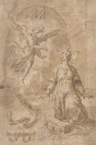 En engel som vises for den hellige Katarina av Alexandria i fengselet recto, Volute verso, 1600-tallet. av Unbekannt