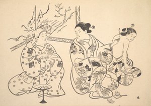 En Oiran som sitter i en salong bruker brannbehandlingen på den blottede ryggen til en annen kvinne. av Unbekannt