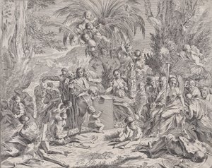 En allegori over maleriet, som som barn i midten til venstre tegner på en tavle, surrou..., 1650-1700. av Unbekannt