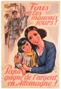 En slutt på de dårlige dagene! Pappa tjener penger i Tyskland!, fransk plakat, 1943