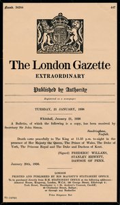 En ekstraordinær bulletin av The London Gazette som kunngjorde døden til kong George V 1865-1936 av Unbekannt
