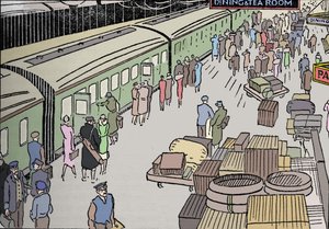 En illustrasjon av en jernbanestasjon fra 1930-tallet, 1937 av Unbekannt