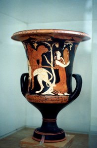 Antik gresk vase med rød figurdekor, inkludert en kvinnelig danser, 500-tallet f.Kr av Unbekannt