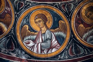 Englemedalje rundt Kristus og den siste dommen Detalj av den bysantinske fresken fra Narthex-hvelvet til kirken Asinou Siste domsscene 1300-tallet (1332) UNESCO, verdens kulturarvområde Troodos-regionen, Kypros av Unbekannt