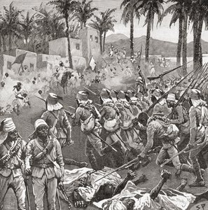 Anglo-egyptiske tropper stormer landsbyen Ferkeh i slaget ved Ferkeh eller Firket, 7. juni 1896, under Mahdist-krigen. av Unbekannt