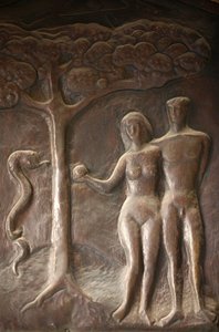 Bebudelsesbasilikadørskulptur: Adam og Eva, Nasaret, Israel av Unbekannt
