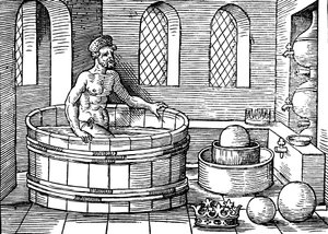 Arkimedes c287-212 f.Kr., gammel gresk matematiker og oppfinner, i badet sitt av Unbekannt