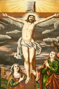 Den armenske apostoliske kirke; veggmaleri; scene fra Det nye testamente; Jesu korsfestelse; Vank katedral; Jolfa eller Ny Julfa; Isfahan; Iran; Asia av Unbekannt