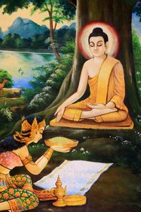 Den asketiske Buddha ble tilbudt en bolle med melk-rismåltid om morgenen hans opplysningstid av Nandabala. Maleri som skildrer livshistorien til Shakyamuni Buddha. Wat Ong Teu vakker. Den tunge Buddhas tempel. Ventiane. Laos, 20151028, Vientiane, Laos av Unbekannt