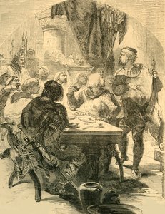 På en bankett gitt av Harold, mottar han News of the Invasion of the Normans, c1890. av Unbekannt