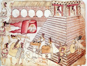 Aztekiske krigere forsvarer tempelet til Tenochtitlan, Mexico av Unbekannt