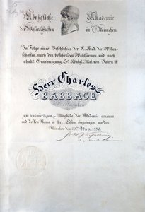 Babbage Diploma fra Royal Academy of Sciences München av Unbekannt