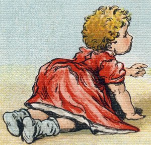 Baby. Gravering i "Alphabet de ma petite fille". Bernardin-Bechet og Fils, bokhandler-forlag, Paris, rundt 1895. Ubrytelig album på lerret. Bibliotheque des Bebes. 12 sider. Album som inneholder en lesemetode og et illustrerende abecedary. Dim: 29, av Unbekannt