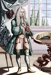 Barokk obo musiker bildetekst lyder - Man playing hautboy (eller hautbois) som er tidlig obo Gravering av J C Weigel (1661-1726) fra Musikalisches Theatrum. av Unbekannt