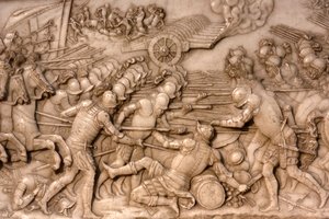 Basilica of St, Denis, Graven til Frans 1, konge av Frankrike og Claude av Frankrike, Foundations lavrelieff, Skildring av slaget ved Marignano i 1515 - franskmennene og deres artilleri vendt mot det gamle sveitsiske konføderasjonen, Saint-Denis, Frankrike av Unbekannt