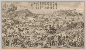 Slaget ved Tunggushi Luke: fra Battle Scenes of the Quelling of the Rebellions..., ca. 1765-1774. av Unbekannt
