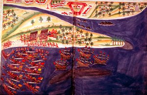Kamp mellom muslimer og portugisere ved Surat, Gujarat nær Bombay, India, 1500-tallet av Unbekannt